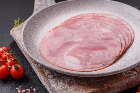 Ham cut into round slices with salt, spices and herbs on a dark textured backgroundの写真素材