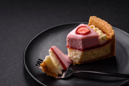 Sweet cheesecake with mascarpone or Philadelphia cheese, jelly and strawberries on a dark textured...