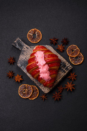 Crispy fresh red croissant with cream on a dark concrete backgroundの写真素材