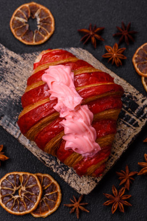 Crispy fresh red croissant with cream and strawberries on a dark concrete background