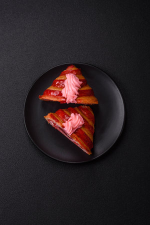 Crispy fresh red croissant with cream and strawberries on a dark concrete backgroundの写真素材