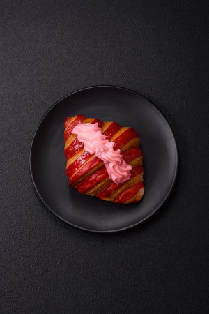 Crispy fresh red croissant with cream on a dark background