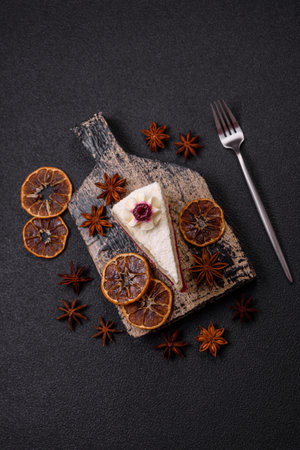 Sweet delicious cake with a layer of raspberry jam sprinkled with coconut on a dark concrete backgroundの写真素材