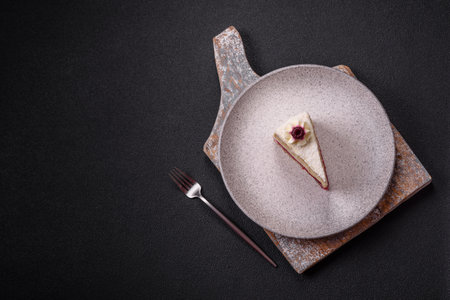 Sweet delicious cake with a layer of raspberry jam sprinkled with coconut on a dark concrete backgroundの写真素材