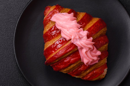 Crispy fresh red croissant with cream and strawberries on a dark concrete backgroundの写真素材