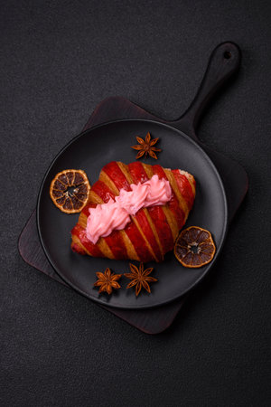 Crispy fresh red croissant with cream on a dark concrete backgroundの写真素材