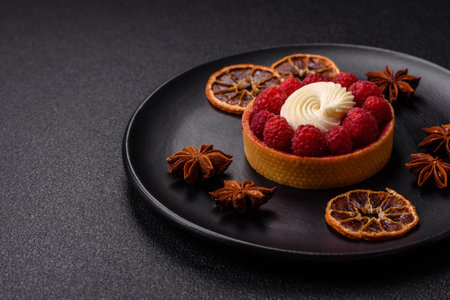 Sweet tartlet with raspberries and cream on a dark textured background
