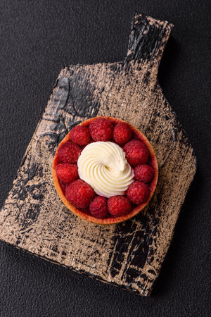 Sweet tartlet with raspberries and cream on a dark textured backgroundの写真素材