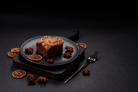 Chocolate sweet brownie cake in a square shape on a dark texture backgroundの写真素材