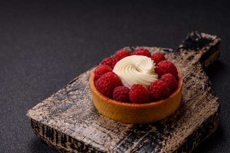 Sweet tartlet with raspberries and cream on a dark textured backgroundの写真素材