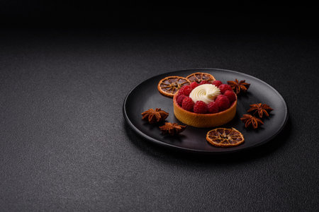 Sweet tartlet with raspberries and cream on a dark textured backgroundの写真素材