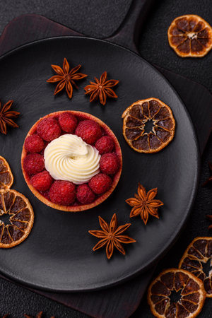 Sweet tartlet with raspberries and cream on a dark textured background