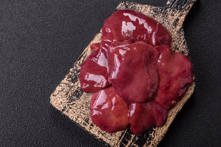 Fresh raw chicken or beef liver with salt, spices and herbs on a dark concrete background