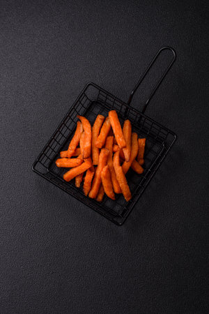 Delicious crispy sweet potato fries with salt, spices and herbs on a dark concrete background