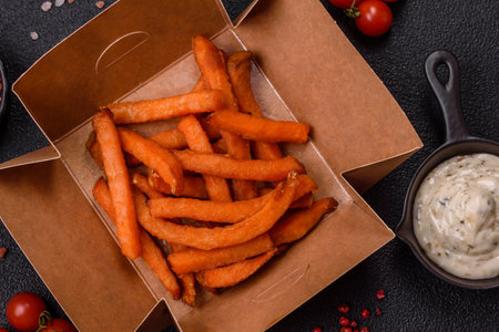 Delicious crispy sweet potato fries with salt, spices and herbs on a dark concrete background