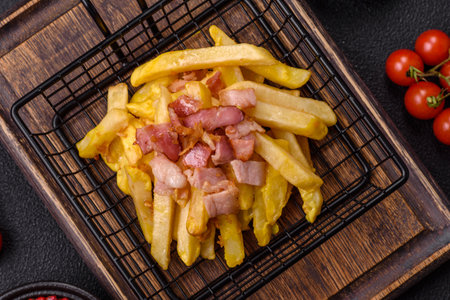 Crispy French fries with pieces of bacon, salt and spices on a dark concrete background
