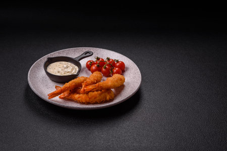 Hot crispy shrimp breaded with salt and spices with white sauceの写真素材