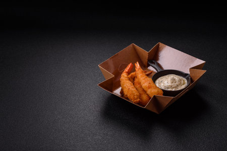Hot crispy shrimp breaded with salt and spices with white sauce on a dark concrete backgroundの写真素材