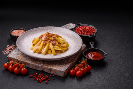 Crispy French fries with pieces of bacon, salt and spices on a dark concrete background