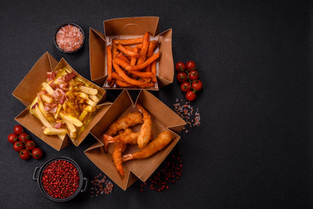 Crispy French fries with pieces of bacon, salt and spices on a dark concrete background