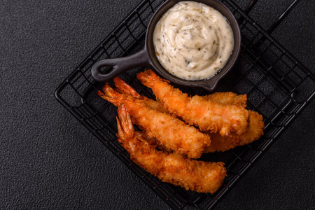 Hot crispy shrimp breaded with salt and spices with white sauce on a dark concrete background