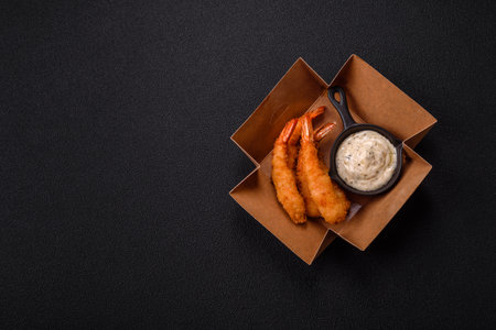 Hot crispy shrimp breaded with salt and spices with white sauce on a dark concrete backgroundの写真素材