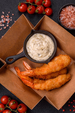 Hot crispy shrimp breaded with salt and spices with white sauce on a dark concrete backgroundの写真素材