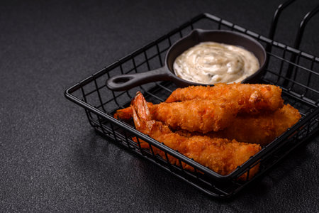 Hot crispy shrimp breaded with salt and spices with white sauce on a dark concrete background