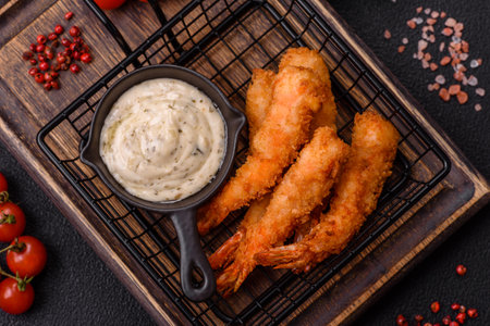 Hot crispy shrimp breaded with salt and spices with white sauce on a dark concrete backgroundの写真素材