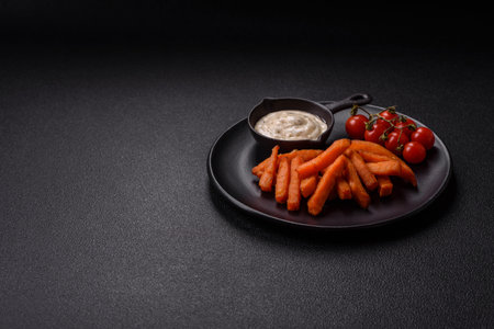 Crispy sweet potato fries with salt, spices and herbs on a dark concrete backgroundの写真素材