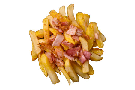 Crispy French fries with pieces of bacon, salt and spices on a white background