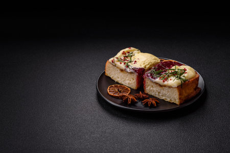 Delicious sweet brioche sandwich with raspberry jam and ricotta cream on a dark concrete background