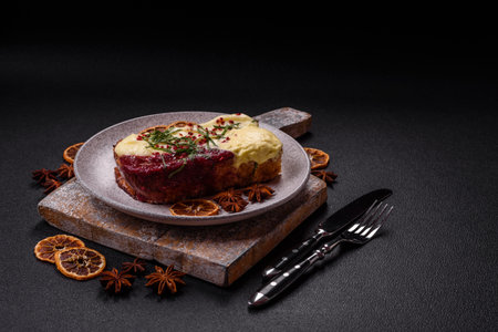 Delicious sweet brioche sandwich with raspberry jam and ricotta cream on a dark concrete background