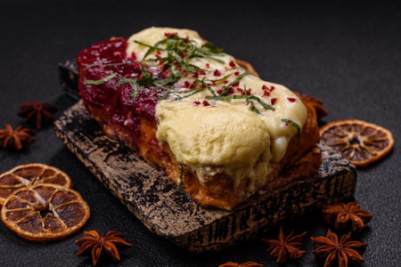 Delicious sweet brioche sandwich with raspberry jam and ricotta cream on a dark concrete background