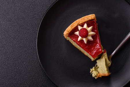 Delicious sweet dessert cheesecake with raspberry and pistachio flavor on textured concrete...