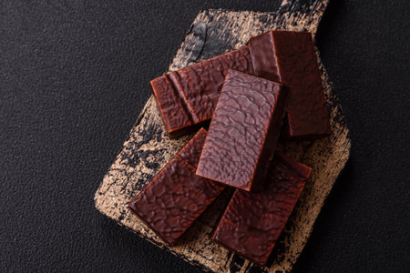 Rectangular chocolate candies with mousse and waffles on a dark concrete background