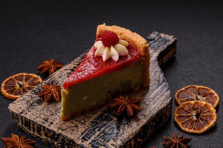 Delicious sweet dessert cheesecake with raspberry and pistachio flavor on textured concrete backgroundの写真素材