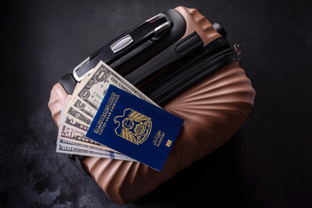 Passport on a suitcase, departure from the airport, international travelの写真素材