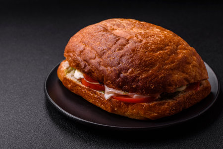 Ciabata with jamon or prosciutto, tomatoes, cheese and lettuce with salt, spices and herbsの写真素材