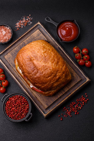 Ciabata with jamon or prosciutto, tomatoes, cheese and lettuce with salt, spices and herbsの写真素材