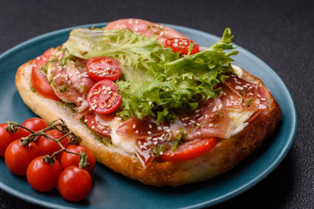 Ciabata with jamon or prosciutto, tomatoes, cheese and lettuce with salt, spices and herbsの写真素材