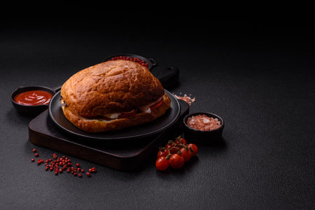 Ciabata with jamon or prosciutto, tomatoes, cheese and lettuce with salt, spices and herbsの写真素材