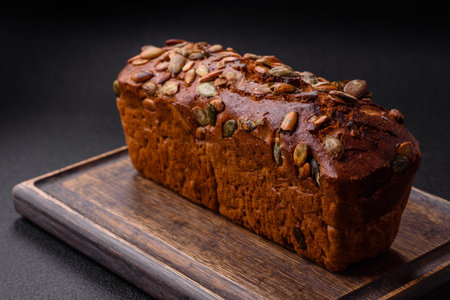 Brown bread with seeds, grains, salt and spices on a dark concrete background