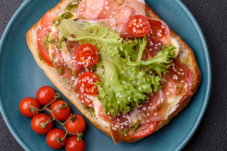 Ciabata with jamon or prosciutto, tomatoes, cheese and lettuce with salt, spices and herbsの写真素材