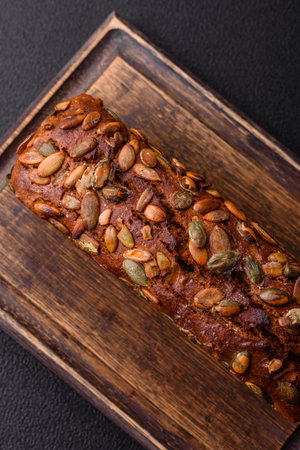 Brown bread with seeds, grains, salt and spices on a dark concrete background