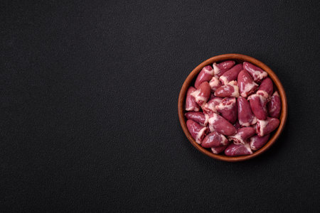 Raw chicken hearts with salt, spices and herbs on a dark concrete backgroundの写真素材
