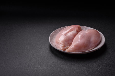 Pieces of raw chicken or turkey fillet on a dark background