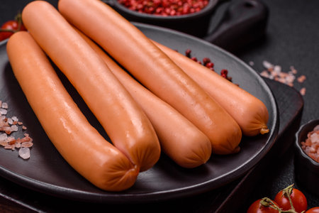 Delicious fresh vegetarian sausage or sausage made from vegetable protein tofu or seitan legumes, lean wheat with salt and spices on texture backgroundの写真素材