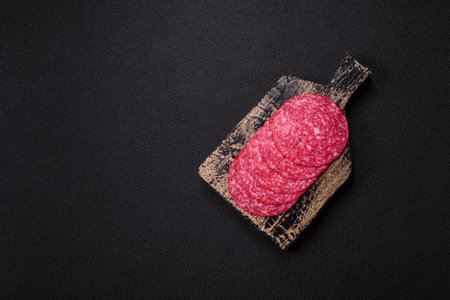 Smoked salami sausage with salt, spices and herbs cut into slices on a dark concrete backgroundの写真素材