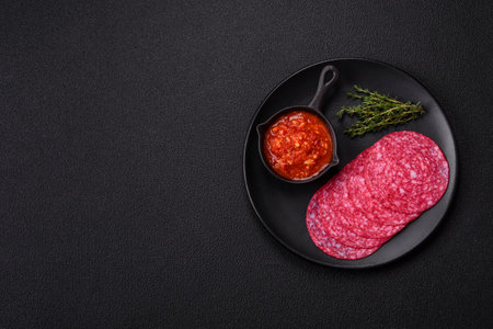 Delicious smoked salami sausage with salt, spices and herbs cut into slices on a dark concrete backgroundの写真素材